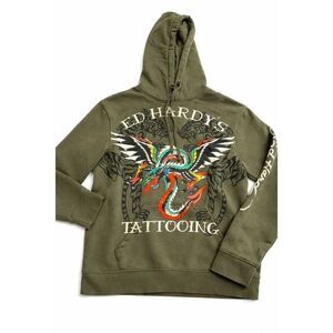 Ed Hardy Dragon Tiger Tattoing Sweatshirt Hoodie Green Men's Size Medium